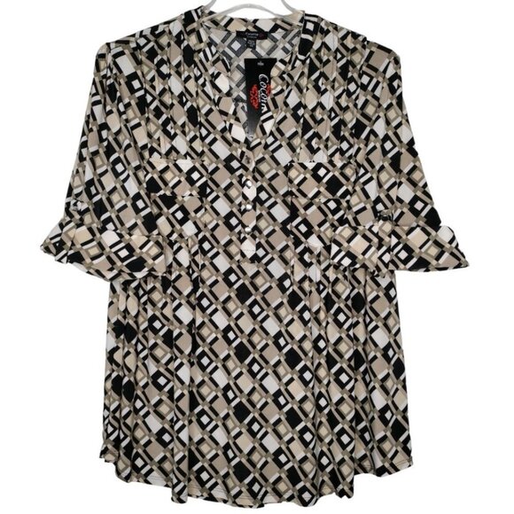 Cocomo Tops - NWT Cocomo Plus Size 2X Black & Beige Multi-Color Pintuck 3/4 Sleeve Blouse Top